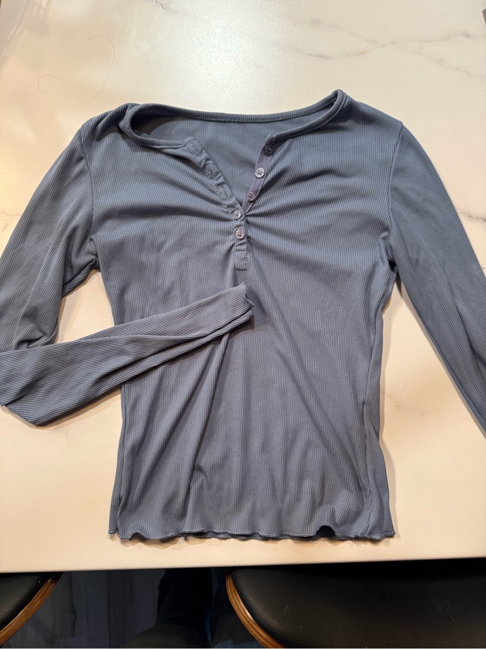 Ribbed Long-Sleeve Henley Top in Dusty Blue